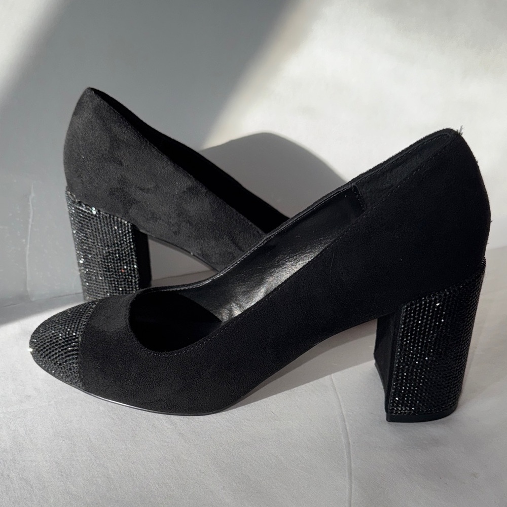 White House Black Market Black Genuine Leather Suede Rhinestone Heels Sz 9